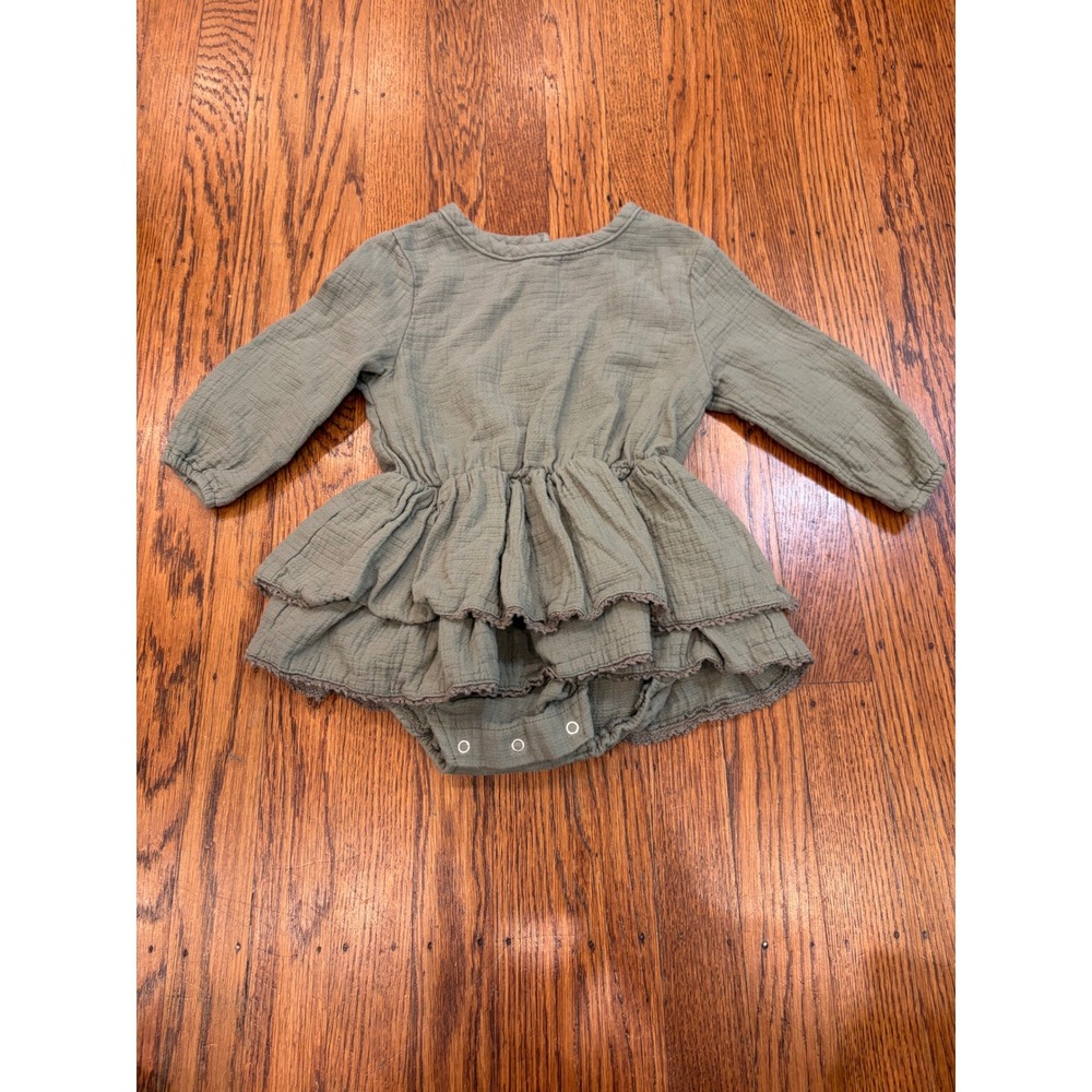 Quincy Mae Organic Rosie Romper Basil Green Gauze Long Sleeve Ruffle 18-24M